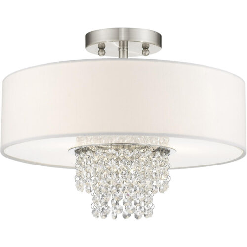 3 Light Brushed Nickel Ceiling Light fixture with Clear Crystals/ Hand Crafted Off-White Fabric Hardback Shade-Lighting LumensFlush Mount Ceiling Lights