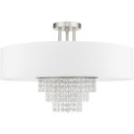 5 Light Brushed Nickel Ceiling Light fixture with Clear Crystals/ Hand Crafted Off-White Fabric Hardback Shade-Lighting LumensFlush Mount Ceiling Lights