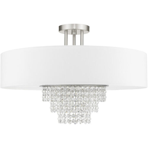 5 Light Brushed Nickel Ceiling Light fixture with Clear Crystals/ Hand Crafted Off-White Fabric Hardback Shade-Lighting LumensFlush Mount Ceiling Lights