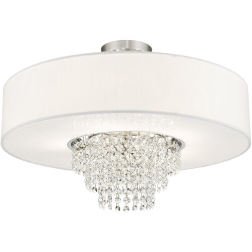 5 Light Brushed Nickel Ceiling Light fixture with Clear Crystals/ Hand Crafted Off-White Fabric Hardback Shade-Lighting LumensFlush Mount Ceiling Lights