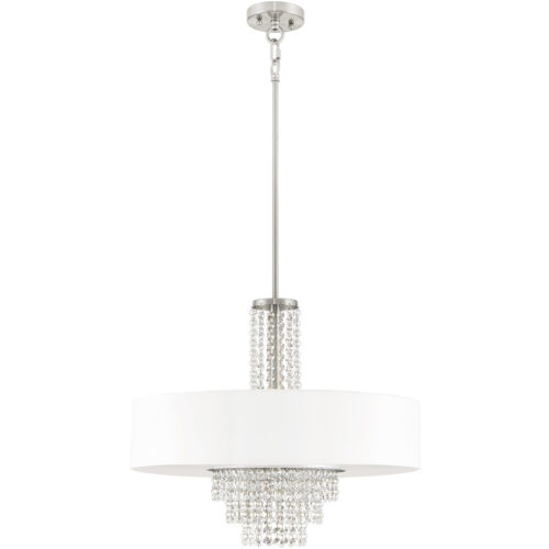 5 Light Brushed Nickel Chandelier with Clear Crystals/ Hand Crafted Off-White Fabric Hardback Shade-Lighting LumensChandeliers