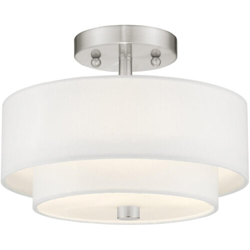 2 Light Brushed Nickel Ceiling Light fixture with Hand Crafted Off-White Fabric Hardback Shade-Lighting LumensFlush Mount Ceiling Lights