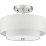 2 Light Brushed Nickel Ceiling Light fixture with Hand Crafted Off-White Fabric Hardback Shade-Lighting LumensFlush Mount Ceiling Lights