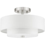 2 Light Brushed Nickel Ceiling Light fixture with Hand Crafted Off-White Fabric Hardback Shade-Lighting LumensFlush Mount Ceiling Lights