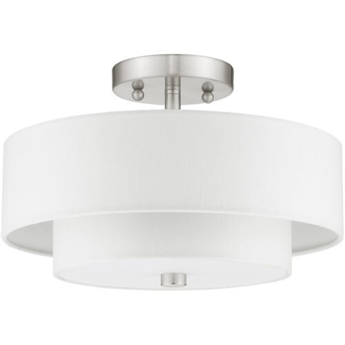 2 Light Brushed Nickel Ceiling Light fixture with Hand Crafted Off-White Fabric Hardback Shade-Lighting LumensFlush Mount Ceiling Lights