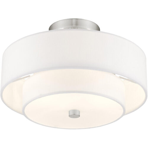 2 Light Brushed Nickel Ceiling Light fixture with Hand Crafted Off-White Fabric Hardback Shade-Lighting LumensFlush Mount Ceiling Lights