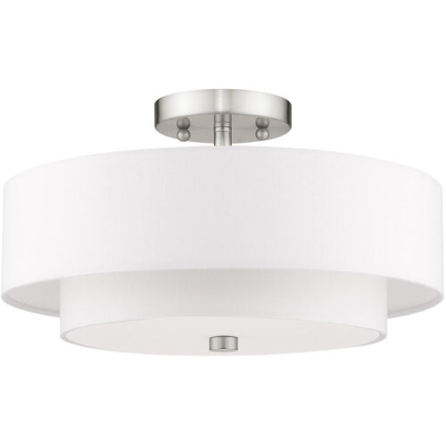 3 Light Brushed Nickel Ceiling Light fixture with Hand Crafted Off-White Fabric Hardback Shade-Lighting LumensFlush Mount Ceiling Lights