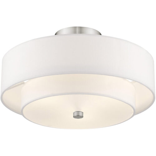 3 Light Brushed Nickel Ceiling Light fixture with Hand Crafted Off-White Fabric Hardback Shade-Lighting LumensFlush Mount Ceiling Lights