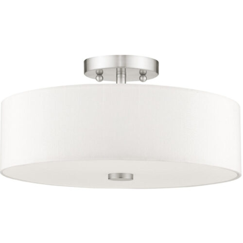 3 Light Brushed Nickel Ceiling Light fixture with Hand Crafted Off-White Fabric Hardback Shade-Lighting LumensFlush Mount Ceiling Lights