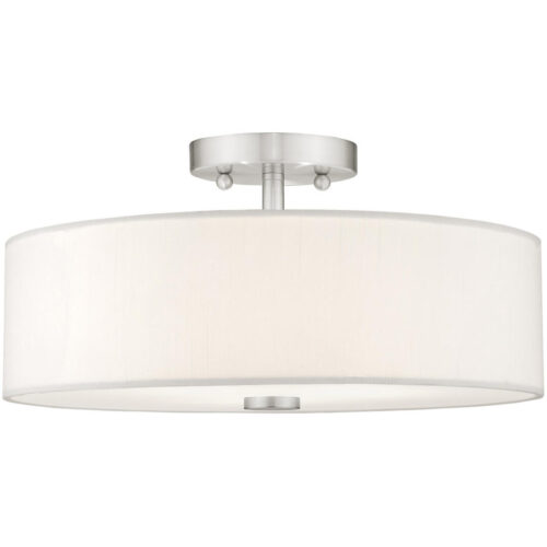 3 Light Brushed Nickel Ceiling Light fixture with Hand Crafted Off-White Fabric Hardback Shade-Lighting LumensFlush Mount Ceiling Lights