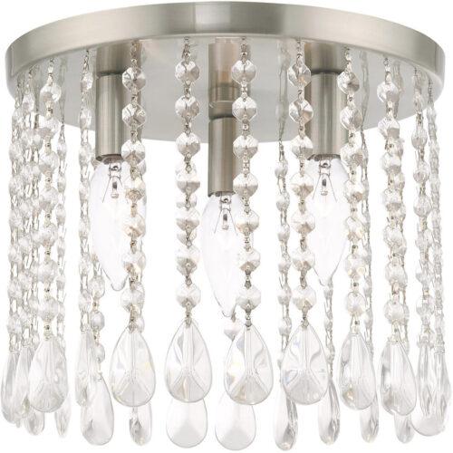 3 Light Brushed Nickel Ceiling Light fixture with Clear Crystals Shade-Lighting LumensFlush Mount Ceiling Lights