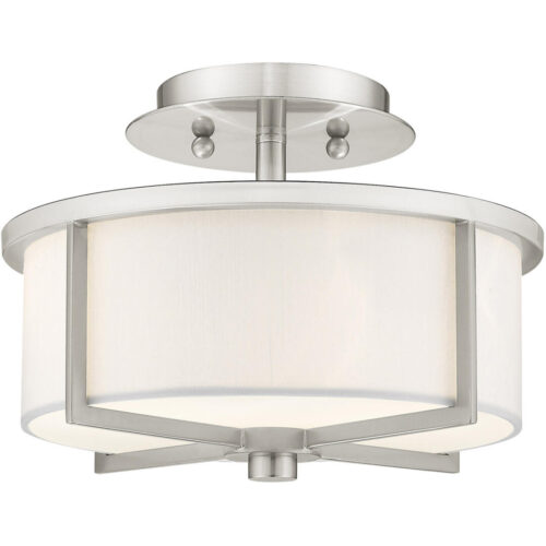 2 Light Brushed Nickel Ceiling Light fixture with Hand Crafted Off-White Fabric Hardback Shade-Lighting LumensFlush Mount Ceiling Lights