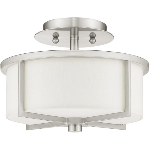 2 Light Brushed Nickel Ceiling Light fixture with Hand Crafted Off-White Fabric Hardback Shade-Lighting LumensFlush Mount Ceiling Lights