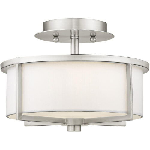 2 Light Brushed Nickel Ceiling Light fixture with Hand Crafted Off-White Fabric Hardback Shade-Lighting LumensFlush Mount Ceiling Lights