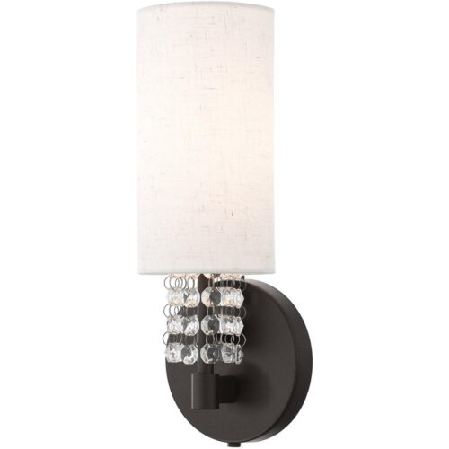 4.75 inch 1 Light English Bronze ADA Wall Sconce with Hand Crafted Oatmeal Color Fabric with Clear Crystals Shade-Lighting LumensWall Sconces