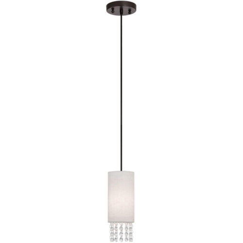 1 Light English Bronze Mini Pendant with Hand Crafted Oatmeal Color Fabric Shade-Lighting LumensPendant Lights