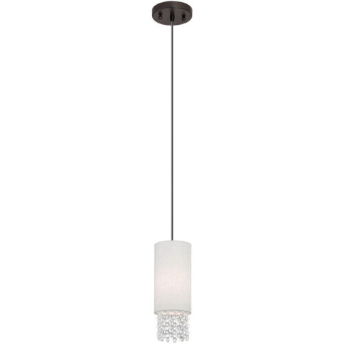 1 Light English Bronze Mini Pendant with Hand Crafted Oatmeal Color Fabric Shade-Lighting LumensPendant Lights