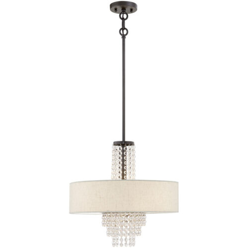 4 Light English Bronze Pendant Chandelier with Hand Crafted Oatmeal Color Fabric Outside & White Fabric Inside Hardback with Clear Crystals Shade-Lighting LumensChandeliers