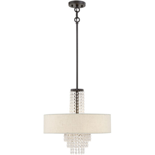 4 Light English Bronze Pendant Chandelier with Hand Crafted Oatmeal Color Fabric Outside & White Fabric Inside Hardback with Clear Crystals Shade-Lighting LumensChandeliers