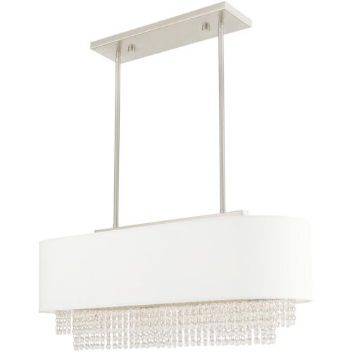 12.25 inch 3 Light Brushed Nickel Linear Chandelier with Clear Crystals/ Hand Crafted Off-White Fabric Hardback Shade-Lighting LumensChandeliers