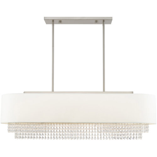 12.25 inch 5 Light Brushed Nickel Linear Chandelier with Clear Crystals/ Hand Crafted Off-White Fabric Hardback Shade-Lighting LumensChandeliers