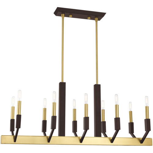 12 inch 10 Light Satin Brass & Bronze Linear Chandelier with Steel base material-Lighting LumensChandeliers