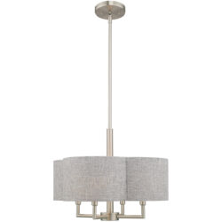 4 Light Brushed Nickel Pendant Chandelier with Hand Crafted Gray Fabric Hardback Shade-Lighting LumensChandeliers