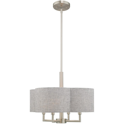 4 Light Brushed Nickel Pendant Chandelier with Hand Crafted Gray Fabric Hardback Shade-Lighting LumensChandeliers