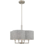 4 Light Brushed Nickel Pendant Chandelier with Hand Crafted Gray Fabric Hardback Shade-Lighting LumensChandeliers