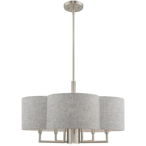 6 Light Brushed Nickel Pendant Chandelier with Hand Crafted Gray Fabric Hardback Shade-Lighting LumensChandeliers