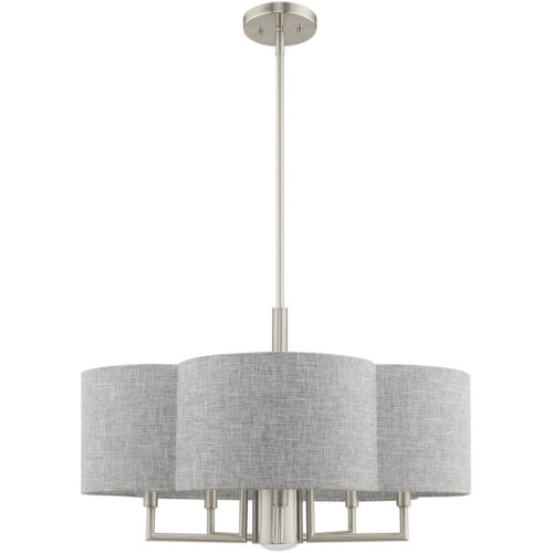 6 Light Brushed Nickel Pendant Chandelier with Hand Crafted Gray Fabric Hardback Shade-Lighting LumensChandeliers