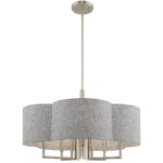 6 Light Brushed Nickel Pendant Chandelier with Hand Crafted Gray Fabric Hardback Shade-Lighting LumensChandeliers