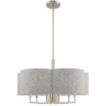 6 Light Brushed Nickel Pendant Chandelier with Hand Crafted Gray Fabric Hardback Shade-Lighting LumensChandeliers