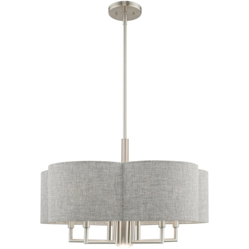 6 Light Brushed Nickel Pendant Chandelier with Hand Crafted Gray Fabric Hardback Shade-Lighting LumensChandeliers