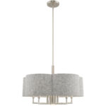 6 Light Brushed Nickel Pendant Chandelier with Hand Crafted Gray Fabric Hardback Shade-Lighting LumensChandeliers