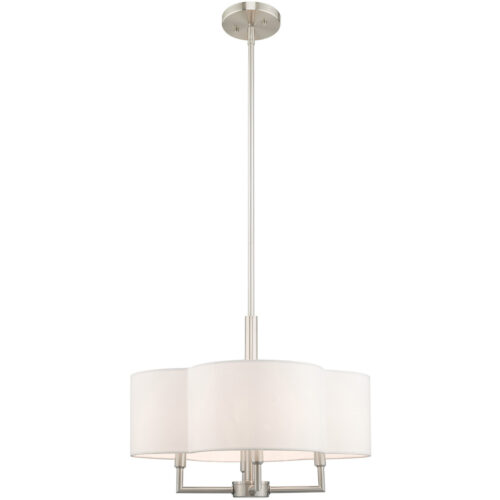 4 Light Brushed Nickel Pendant Chandelier with Hand Crafted Off-White Fabric Hardback Shade-Lighting LumensChandeliers