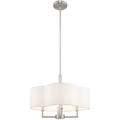 4 Light Brushed Nickel Pendant Chandelier with Hand Crafted Off-White Fabric Hardback Shade-Lighting LumensChandeliers