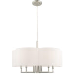 6 Light Brushed Nickel Pendant Chandelier with Hand Crafted Off-White Fabric Hardback Shade-Lighting LumensChandeliers