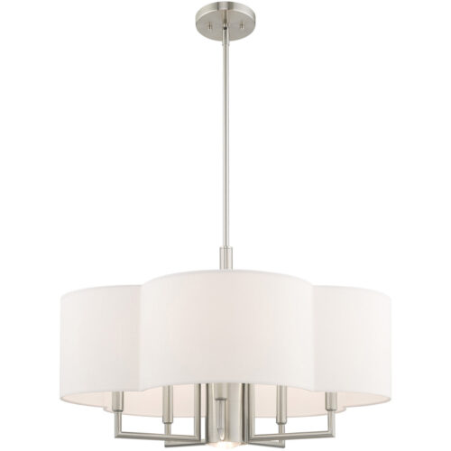 6 Light Brushed Nickel Pendant Chandelier with Hand Crafted Off-White Fabric Hardback Shade-Lighting LumensChandeliers