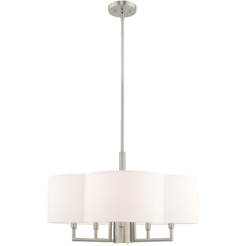 6 Light Brushed Nickel Pendant Chandelier with Hand Crafted Off-White Fabric Hardback Shade-Lighting LumensChandeliers