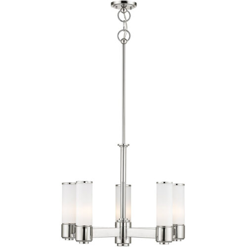 5 Light Polished Nickel Dinette Chandelier with Hand Blown Satin Opal White Glass Shade-Lighting LumensChandeliers