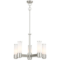 5 Light Brushed Nickel Dinette Chandelier with Hand Blown Satin Opal White Glass Shade-Lighting LumensChandeliers