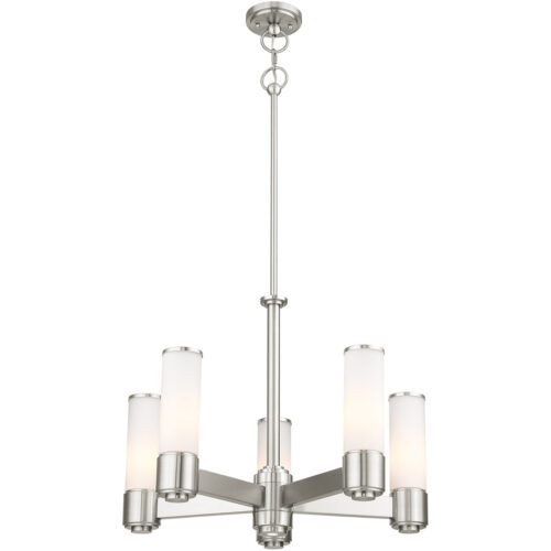 5 Light Brushed Nickel Dinette Chandelier with Hand Blown Satin Opal White Glass Shade-Lighting LumensChandeliers