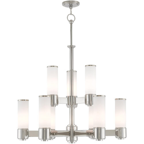 9 Light Polished Nickel Chandelier with Hand Blown Satin Opal White Glass Shade-Lighting LumensChandeliers