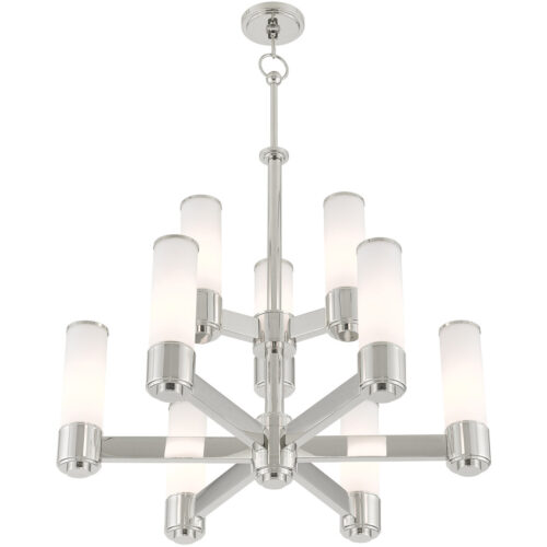 9 Light Polished Nickel Chandelier with Hand Blown Satin Opal White Glass Shade-Lighting LumensChandeliers