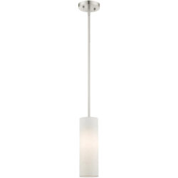 1 Light Brushed Nickel Mini Pendant with Hand Crafted Oatmeal Color Fabric Hardback Shade Shade-Lighting LumensPendant Lights