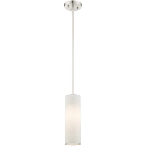 1 Light Brushed Nickel Mini Pendant with Hand Crafted Oatmeal Color Fabric Hardback Shade Shade-Lighting LumensPendant Lights