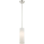 1 Light Brushed Nickel Mini Pendant with Hand Crafted Oatmeal Color Fabric Hardback Shade Shade-Lighting LumensPendant Lights