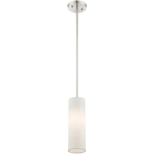 1 Light Brushed Nickel Mini Pendant with Hand Crafted Oatmeal Color Fabric Hardback Shade Shade-Lighting LumensPendant Lights