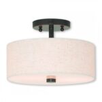 2 Light English Bronze Ceiling Light fixture with Hand Crafted Oatmeal Color Fabric Hardback Shade-Lighting LumensFlush Mount Ceiling Lights